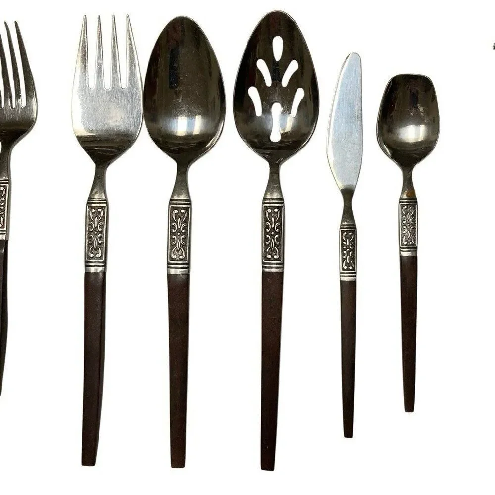MCM INTERPUR Bar Harbor‎ Stainless Steel Faux Wood Scroll Japan Flatware 68 PCS